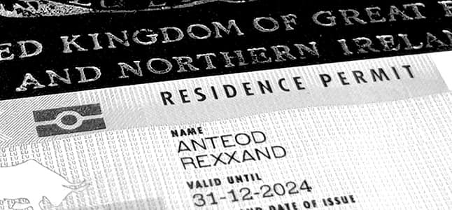 Close-up of a UK Biometric Residence Permit card